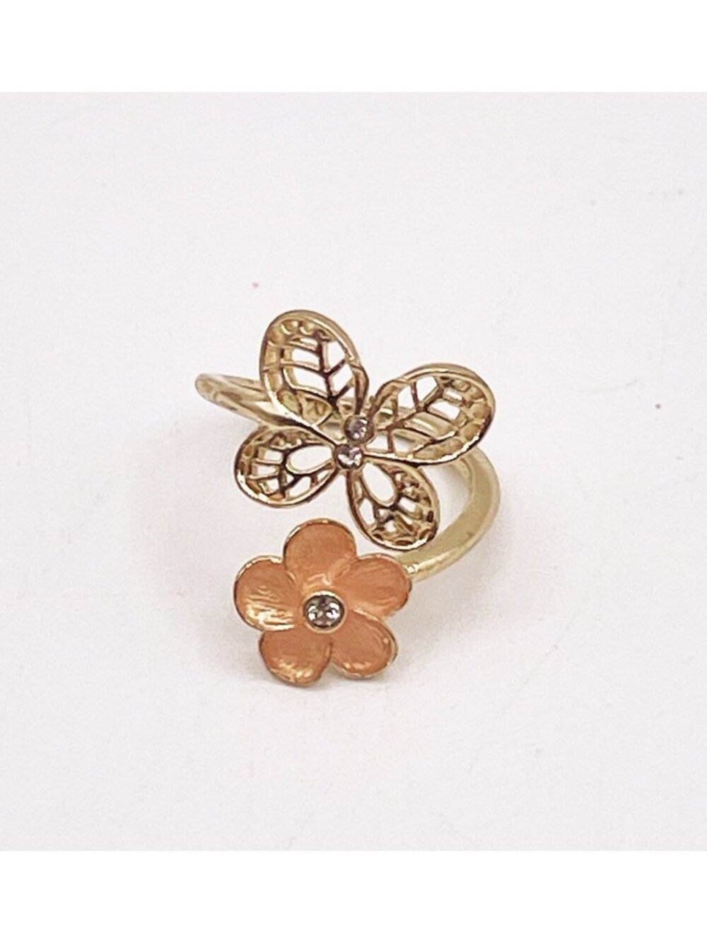 Alex and Ani Filigree Butterfly Ring Gold Tone Peach Enamel Flower Adjustable
